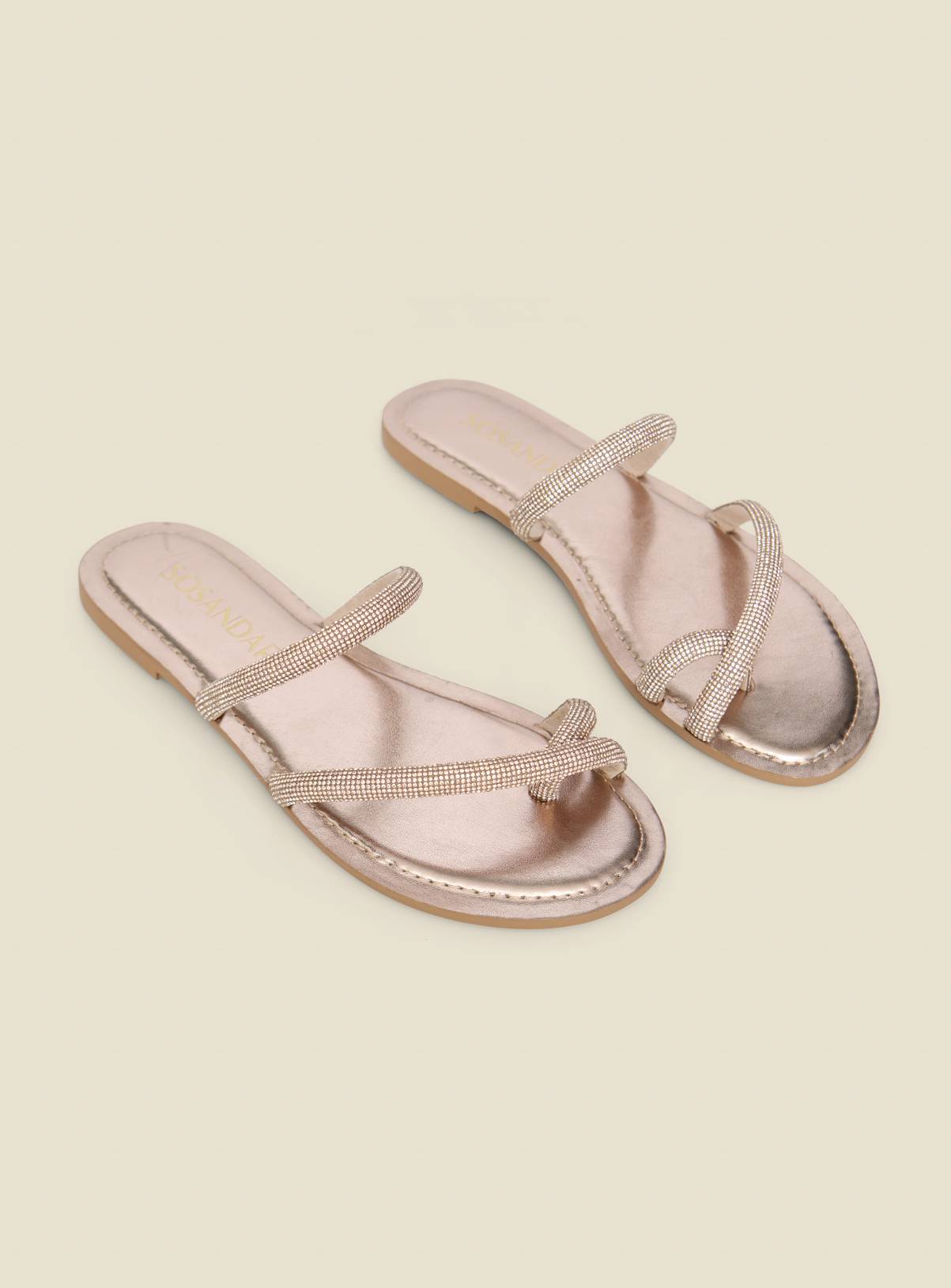 SOSANDAR Rose Gold Metallic Diamante Strap Flat Sandals 6 - Image 1